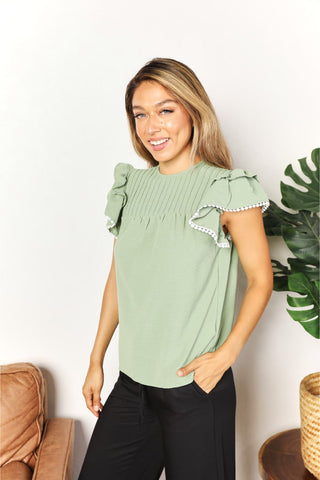 Shop Pleated Detail Flutter Sleeve Blouse - High-Quality U.S. Made Women’s Fashion with Free & Fast Shipping