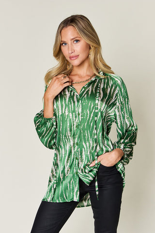 Shop Dark Green Double Take Full Size Printed Button Up Long Sleeve Shirt - High-Quality U.S. Made Women’s Fashion with Free & Fast Shipping