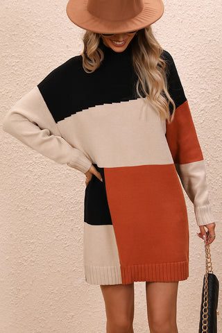 Shop Color Block Mock Neck Dropped Shoulder Sweater Dress - High-Quality U.S. Made Women’s Fashion with Free Fast Shipping