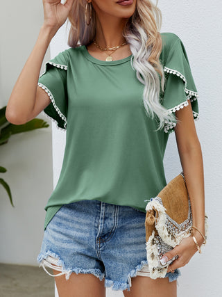 Shop Pom-Pom Trim Flutter Sleeve Round Neck T-Shirt - High-Quality U.S. Made Women’s Fashion with Free & Fast Shipping