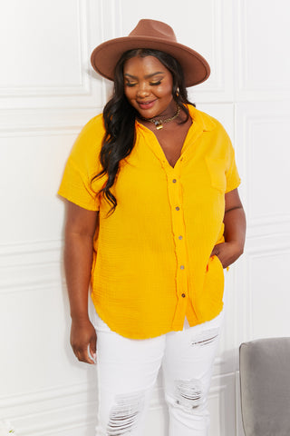 Shop Zenana Full Size Summer Breeze Gauze Short Sleeve Shirt in Mustard - High-Quality U.S. Made Women’s Fashion with Free & Fast Shipping