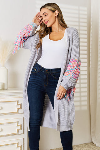 Shop Woven Right Fringe Sleeve Dropped Shoulder Cardigan - High-Quality U.S. Made Women’s Fashion with Free & Fast Shipping