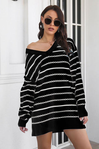 Shop Black Striped V-Neck Sweater Dress - High-Quality U.S. Made Women’s Fashion with Free & Fast Shipping