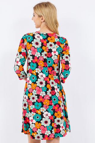 Shop Celeste Full Size Floral Three-Quarter Sleeve Dress with Pockets - High-Quality U.S. Made Women’s Fashion with Free & Fast Shipping