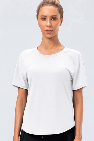 Shop White Round Neck Raglan Sleeve Active Tee - High-Quality U.S. Made Women’s Fashion with Free & Fast Shipping