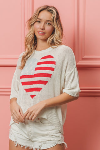 Shop BiBi Striped Heart Contrast Knit Top - High-Quality U.S. Made Women’s Fashion with Free & Fast Shipping