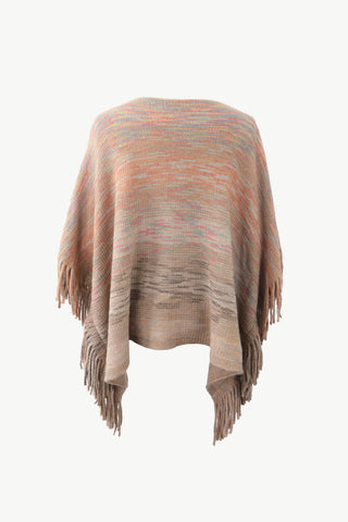 Shop Round Neck Fringe Detail Poncho - High-Quality U.S. Made Women’s Fashion with Free Fast Shipping