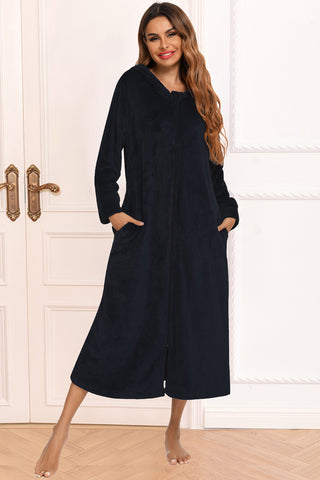 Shop Zip Front Hooded Night Dress with Pockets - High-Quality U.S. Made Women’s Fashion with Free Fast Shipping