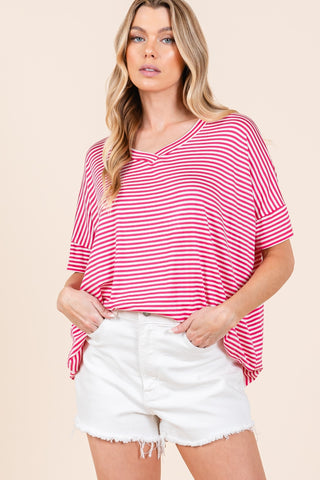 Shop Fuchsia BOMBOM Striped V-Neck T-Shirt - High-Quality U.S. Made Women’s Fashion with Free & Fast Shipping