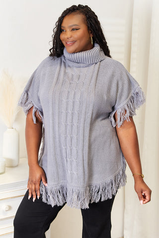 Shop Light Gray One Size Justin Taylor Turtle Neck Fringe Poncho - High-Quality U.S. Made Women’s Fashion with Free & Fast Shipping