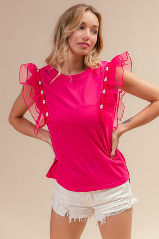 Shop Fuchsia BiBi Pearl Decor Mesh Ruffle Sleeve Top - High-Quality U.S. Made Women’s Fashion with Free & Fast Shipping