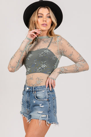 Shop SAGE + FIG Mesh Long Sleeve Sheer Floral Embroidery Top - High-Quality U.S. Made Women’s Fashion with Free & Fast Shipping