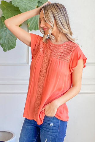 Shop And The Why Lace Detail Ruffle Short Sleeve Blouse - High-Quality U.S. Made Women’s Fashion with Free & Fast Shipping