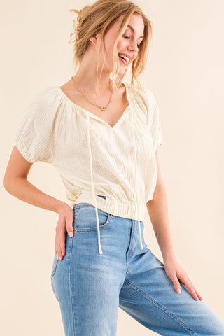 Shop And The Why Back Waist Tie Cropped Blouse - High-Quality U.S. Made Women’s Fashion with Free & Fast Shipping