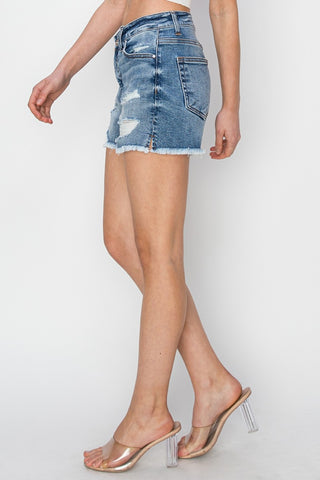 Shop RISEN Stepped Waist Frayed Denim Shorts - High-Quality U.S. Made Women’s Fashion with Free & Fast Shipping