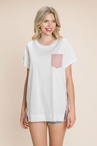 Shop Berry Cotton Bleu by Nu Label Contrast Striped Short Sleeve T-Shirt - High-Quality U.S. Made Women’s Fashion with Free & Fast Shipping