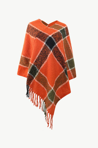 Shop Orange-Red One Size Plaid Fringe Detail Poncho - High-Quality U.S. Made Women’s Fashion with Free & Fast Shipping