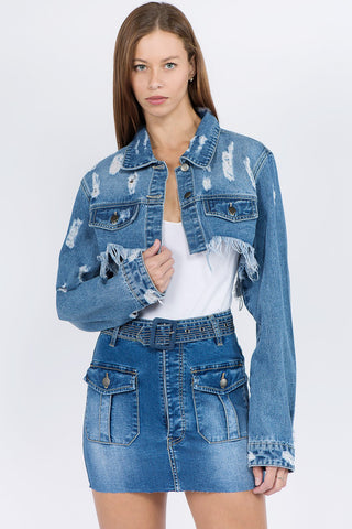 Shop Blue American Bazi Distressed Denim Jacket with Frayed Hem - High-Quality U.S. Made Women’s Fashion with Free & Fast Shipping