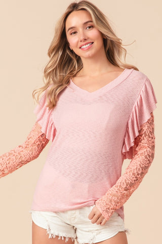 Shop BiBi Ruffled Lace Sleeve Rib Knit Top - High-Quality U.S. Made Women’s Fashion with Free & Fast Shipping