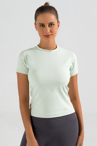 Shop Light Green Round Neck Short Sleeve Sports T-Shirt - High-Quality U.S. Made Women’s Fashion with Free & Fast Shipping