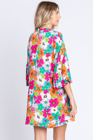 Shop GeeGee Full Size Floral Round Neck Lantern Sleeve Mini Dress - High-Quality U.S. Made Women’s Fashion with Free & Fast Shipping