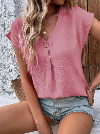 Shop Decorative Button V-Neck Short Sleeve Blouse - High-Quality U.S. Made Women’s Fashion with Free Fast Shipping