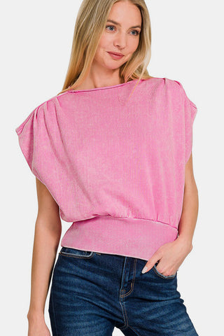 Shop Candy Pink Zenana Washed Boat Neck Bottom Banded Dolman Sleeve Top - High-Quality U.S. Made Women’s Fashion with Free & Fast Shipping