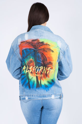 Shop American Bazi Full Size Painted Back Distressed Denim Jacket - High-Quality U.S. Made Women’s Fashion with Free & Fast Shipping