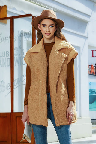 Shop Caramel Fuzzy Collared Neck Button Up Vest Coat - High-Quality U.S. Made Women’s Fashion with Free & Fast Shipping