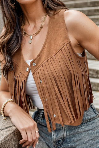 Shop Fringe Snap Down Vest Coat - High-Quality U.S. Made Women’s Fashion with Free Fast Shipping