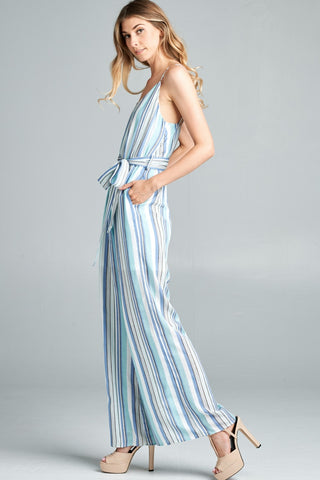 Shop Cotton Bleu by Nu Label Tie Front Striped Sleeveless Jumpsuit - High-Quality U.S. Made Women’s Fashion with Free & Fast Shipping