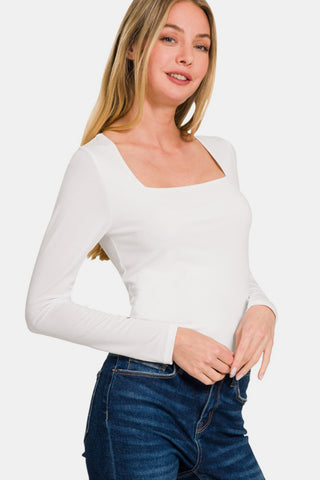 Shop White Zenana Square Neck Fitted Long Sleeve T-Shirt - High-Quality U.S. Made Women’s Fashion with Free & Fast Shipping