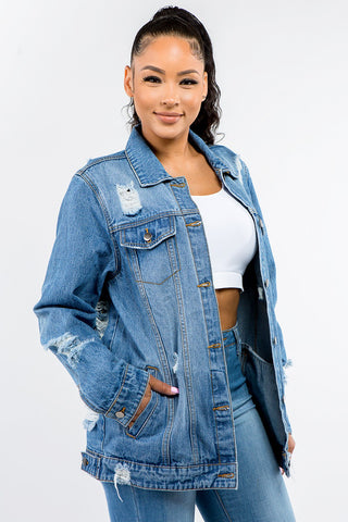 Shop American Bazi Full Size Button Up Distressed Denim Jacket - High-Quality U.S. Made Women’s Fashion with Free & Fast Shipping