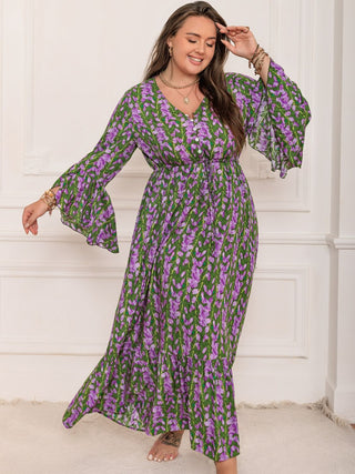 Shop Plus Size Printed V-Neck Long Sleeve Maxi Dress - High-Quality U.S. Made Women’s Fashion with Free Fast Shipping