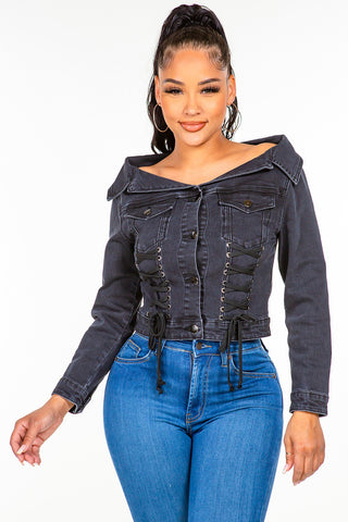 Shop American Bazi Off Shoulder Lace Up Denim Jacket - High-Quality U.S. Made Women’s Fashion with Free Fast Shipping