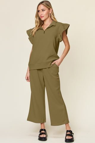 Shop Double Take Texture Ruffle Short Sleeve Top and Drawstring Wide Leg Pants Set - High-Quality U.S. Made Women’s Fashion with Free Fast Shipping