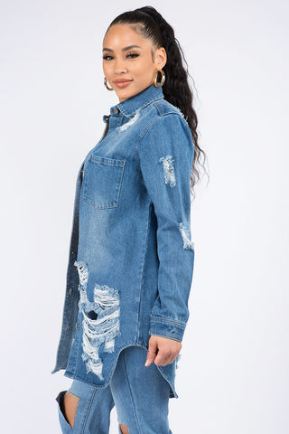 Shop American Bazi Distressed Button Down Denim Shirt Jacket - High-Quality U.S. Made Women’s Fashion with Free & Fast Shipping