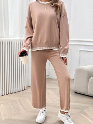 Shop Round Neck Dropped Shoulder Top and Pants Sweater Set - High-Quality U.S. Made Women’s Fashion with Free Fast Shipping