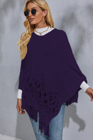 Shop Round Neck Fringe Detail Poncho - High-Quality U.S. Made Women’s Fashion with Free & Fast Shipping