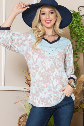 Shop Mint Taupe Celeste Full Size Leaf Print Contrast Trim Balloon Sleeve Top - High-Quality U.S. Made Women’s Fashion with Free & Fast Shipping