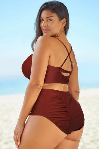 Shop Full Size Halter Neck Crisscross Ruched Two-Piece Swimsuit - High-Quality U.S. Made Women’s Fashion with Free Fast Shipping