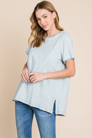 Shop Seafoam Cotton Bleu by Nu Lab Contrast Trim Short Sleeve Slit T-Shirt - High-Quality U.S. Made Women’s Fashion with Free & Fast Shipping