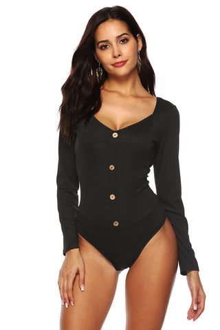 Shop Black Button Detail Bodysuit - High-Quality U.S. Made Women’s Fashion with Free & Fast Shipping