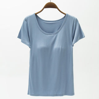 Shop Light Blue Round Neck Modal T-Shirt with Bra - High-Quality U.S. Made Women’s Fashion with Free & Fast Shipping