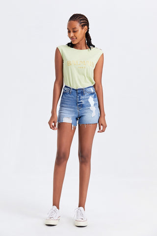 Shop BAYEAS High Rise Bandless Denim Shorts - High-Quality U.S. Made Women’s Fashion with Free & Fast Shipping