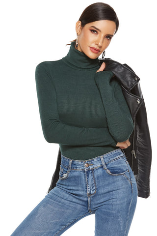 Shop Dark Green Ribbed Turtleneck Long Sleeve Bodysuit - High-Quality U.S. Made Women’s Fashion with Free & Fast Shipping