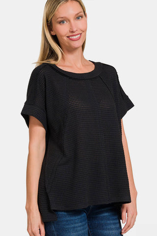 Shop Zenana Waffle Exposed-Seam Short Sleeve T-Shirt - High-Quality U.S. Made Women’s Fashion with Free & Fast Shipping