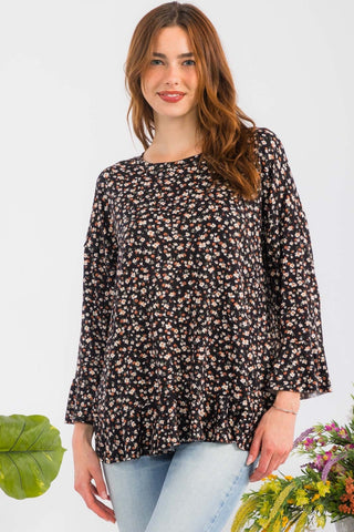 Shop Black Celeste Full Size Floral Ruffle Detail Top - High-Quality U.S. Made Women’s Fashion with Free & Fast Shipping