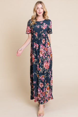 Shop Floral BOMBOM Floral Short Sleeve Maxi Dress - High-Quality U.S. Made Women’s Fashion with Free & Fast Shipping