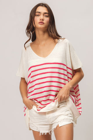 Shop BiBi V Neck Striped Short Sleeve Top - High-Quality U.S. Made Women’s Fashion with Free & Fast Shipping